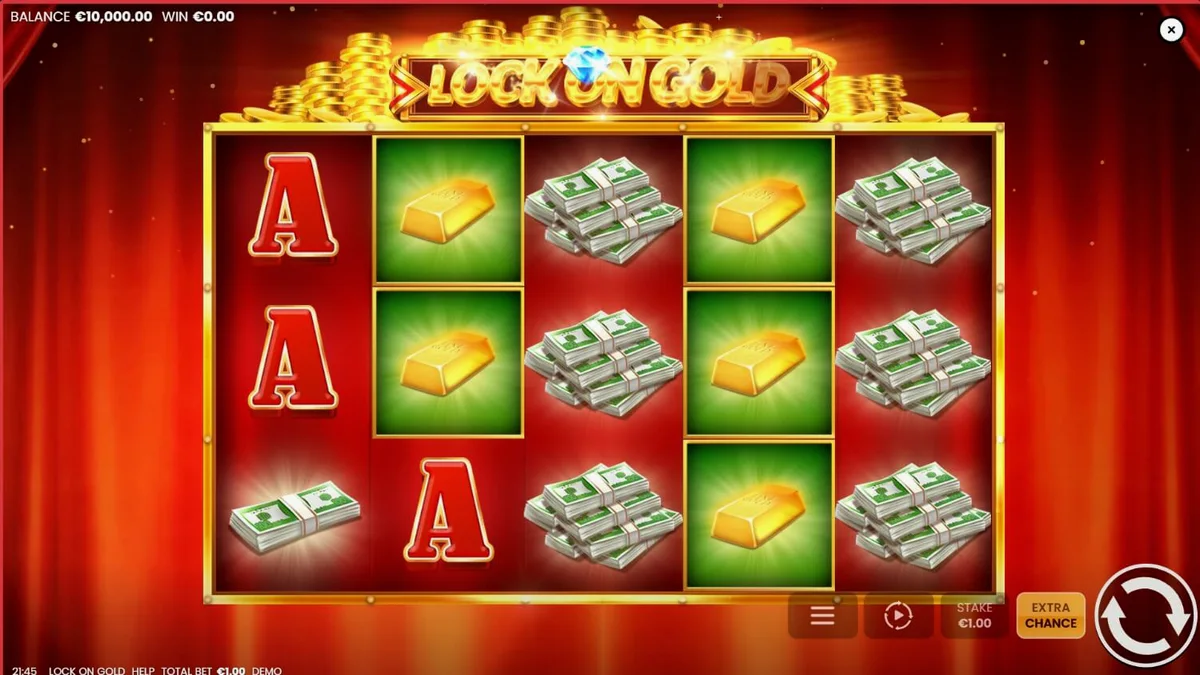 หน้าจอเกมสล็อต Lock On Gold ที่แสดงสัญลักษณ์แท่งทองคำและบรรยากาศโรงละครหรูหรา