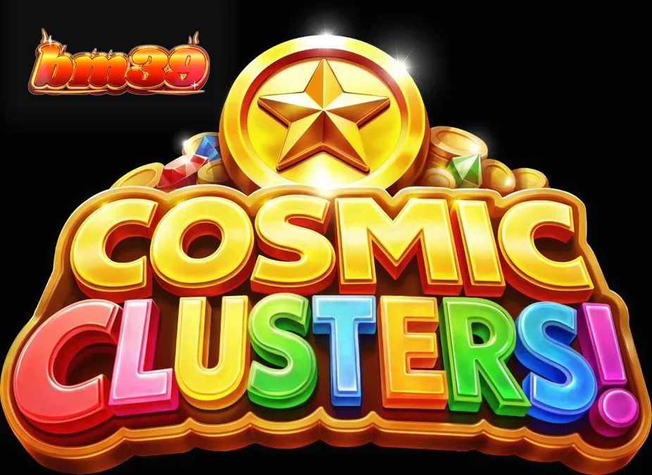 ภาพกราฟิกเกมสล็อต Cosmic Clusters ที่มีธีมอวกาศและสัญลักษณ์อัญมณี